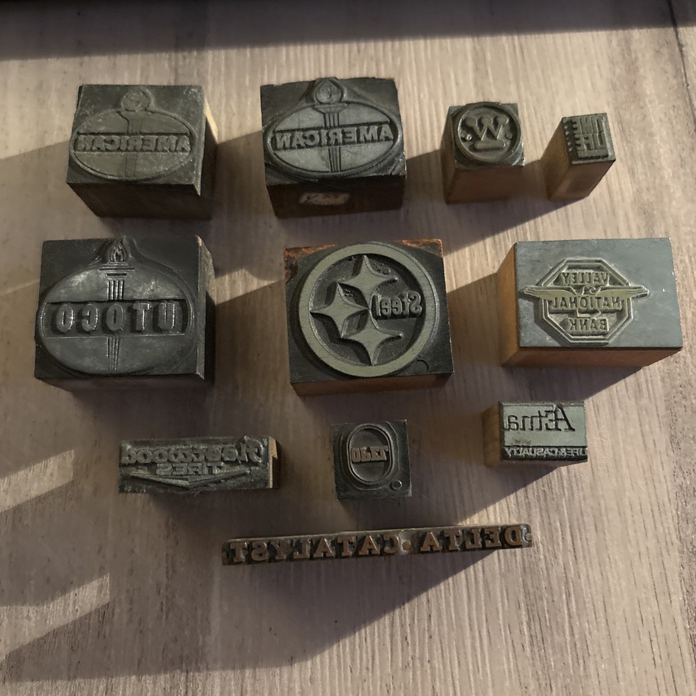 Vintage Letterpress Wood Blocks Lot Of 11 American Business Logos